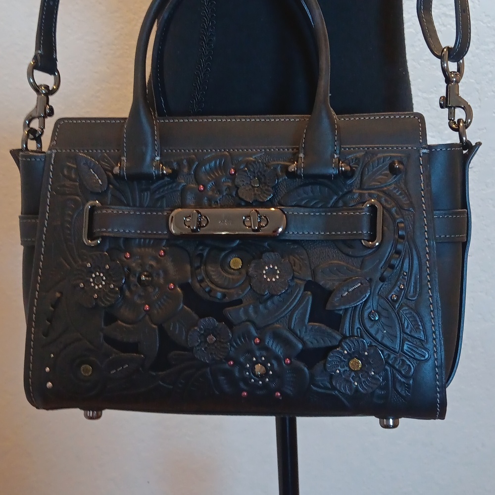 Coach Black Tootled Tea Rose Swagger Bag